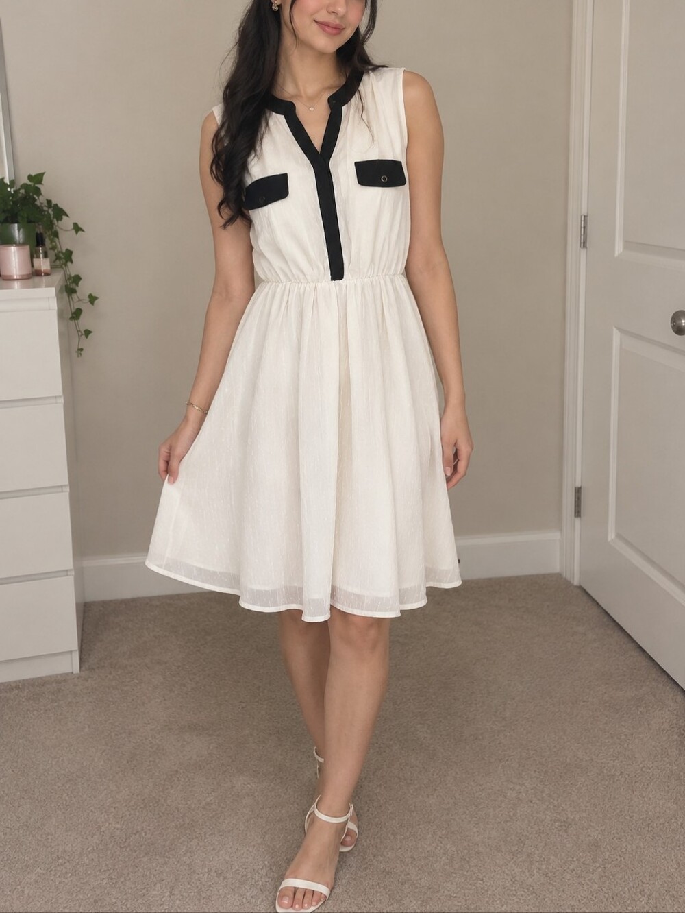 Sleeveless White Chiffon Dress with Black Trim and Pocket Detail